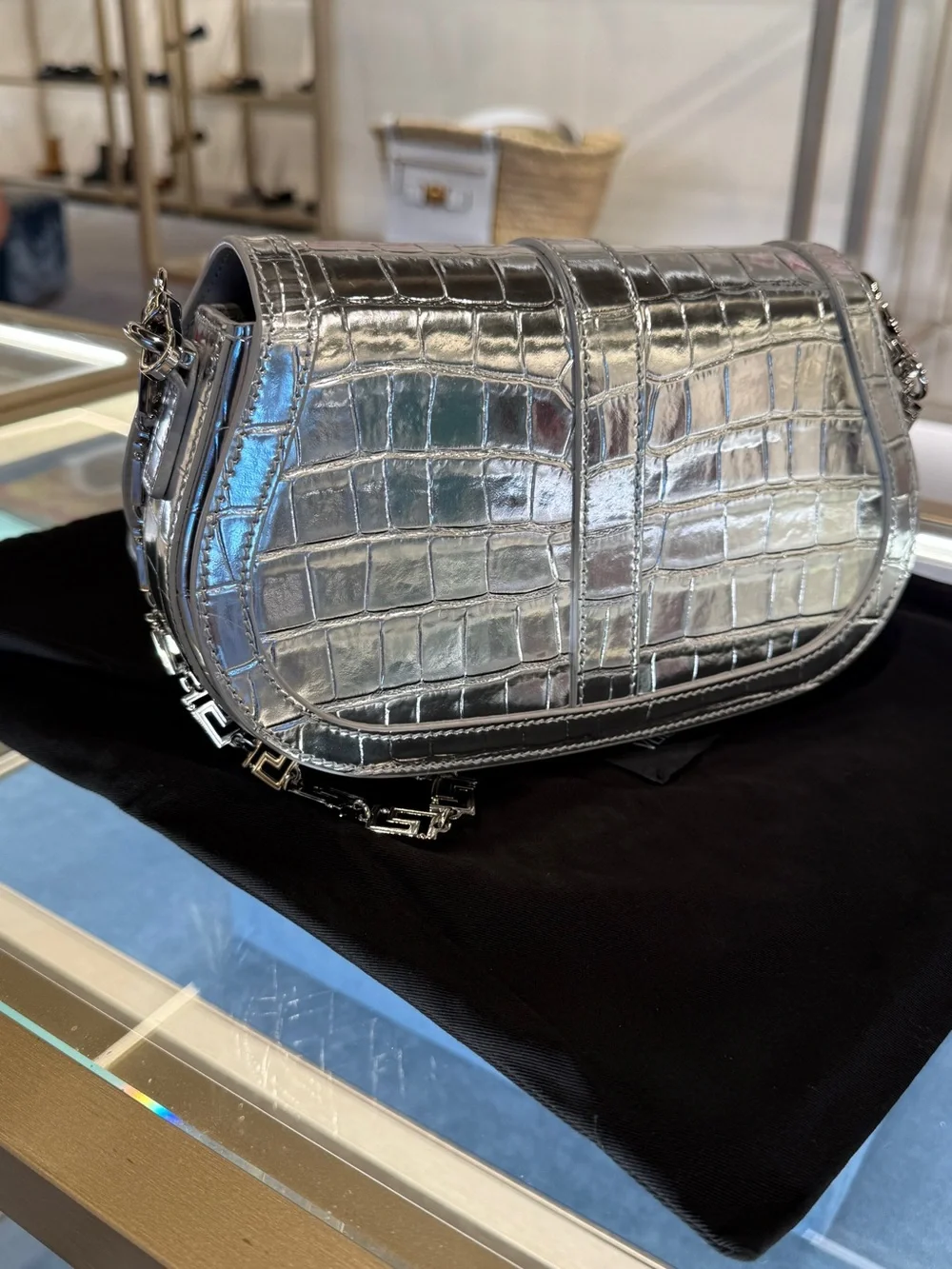 Versace Metallic Silver Croc-Embossed Crossbody Bag with Chain Strap - Picture 6 of 8